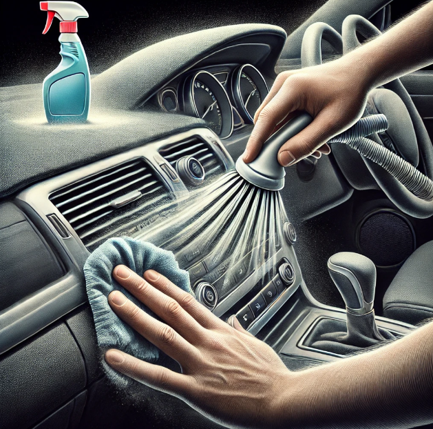 자동차 내부 먼지 닦는 손