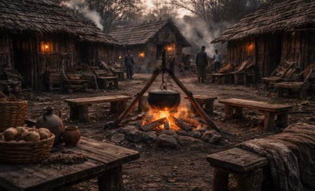 공동체의 중심 공간에 불이 피워져 있고 집과 생활 도구가 둘러선 모습으로, 사람들이 함께 살아가기 위해 자리를 만들고 유지해 온 흔적이 담긴 장면입니다.