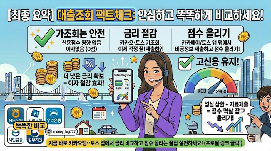 대출조회 팩트체크 최종 요약표 점수 하락 없이 안전하고 똑똑하게 최저 금리 비교하고 금융앱으로 신용점수 올리기 행동 유도 이미지
