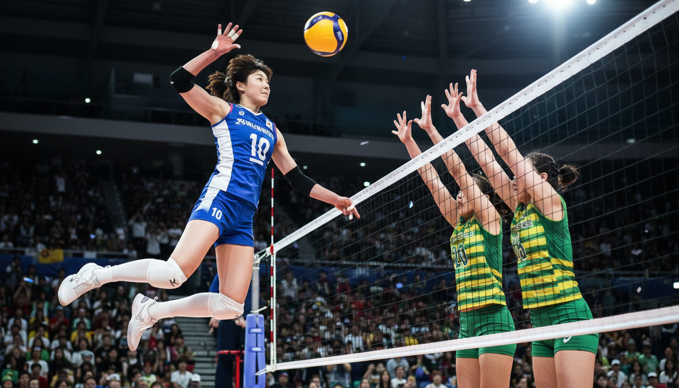 현대건설의 높은 블로킹 벽을 뚫고 강력한 스파이크를 날리는 강소휘 선수의 역동적인 경기 장면