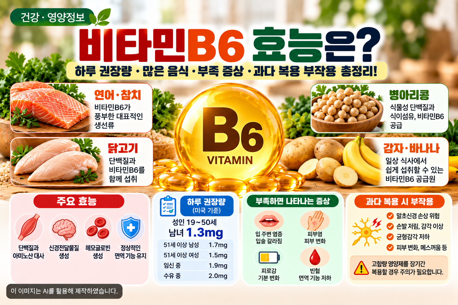 비타민B6 효능과 하루 권장량, 비타민B6가 풍부한 음식, 부족 증상 및 과다 복용 시 말초신경 손상 등 부작용을 정리한 건강&middot;영양정보 이미지