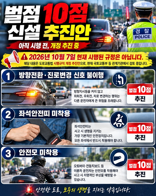 26년 10월부터 달라지는 교통법규 위반 벌점