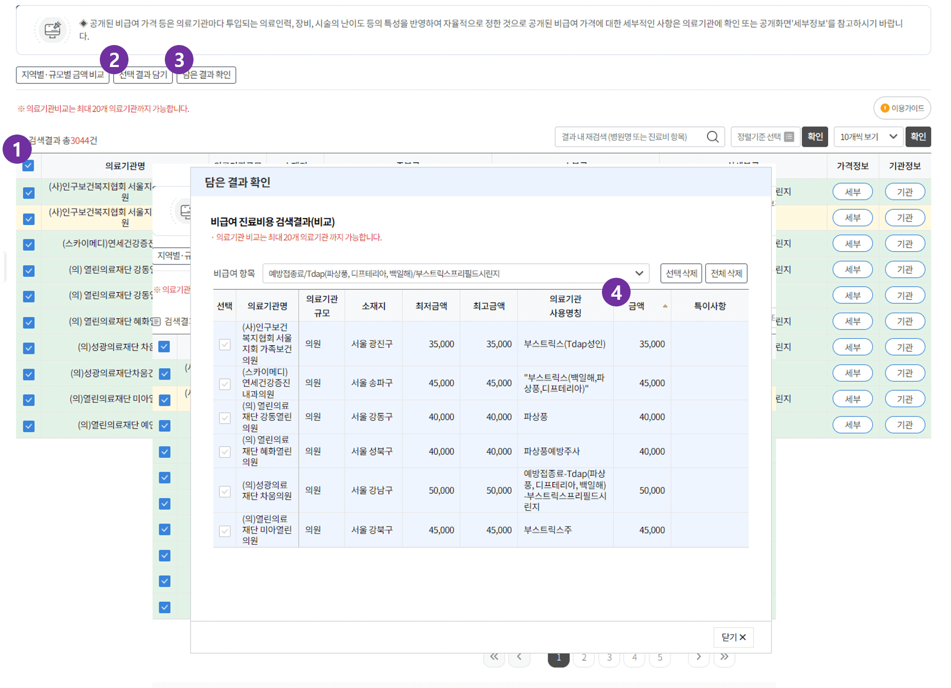 비급여진료비 정보 사이트 백일해 병원 전체 가격 비교