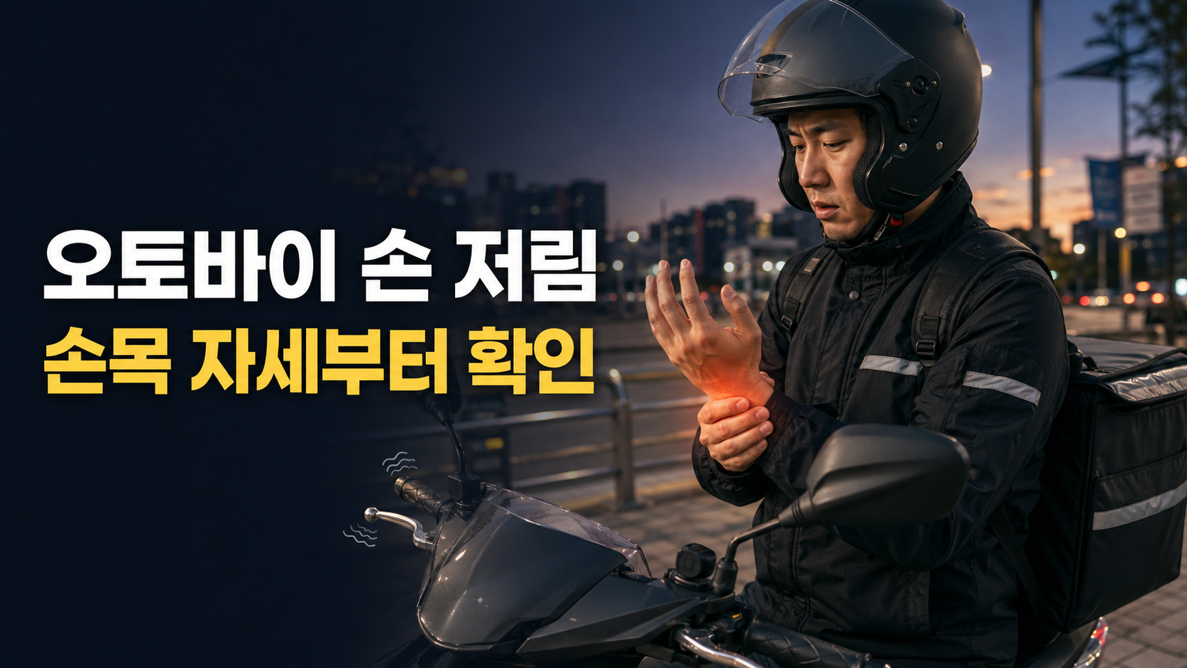 도로변에 오토바이를 정차한 배달 라이더가 핸들 옆에서 오른쪽 손목을 잡고 있는 모습