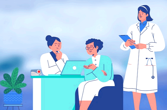 의자에 앉아 여성 환자와 상담하는 여의사랑 그 옆에 서 있는 또 다른 여의사가 있다.