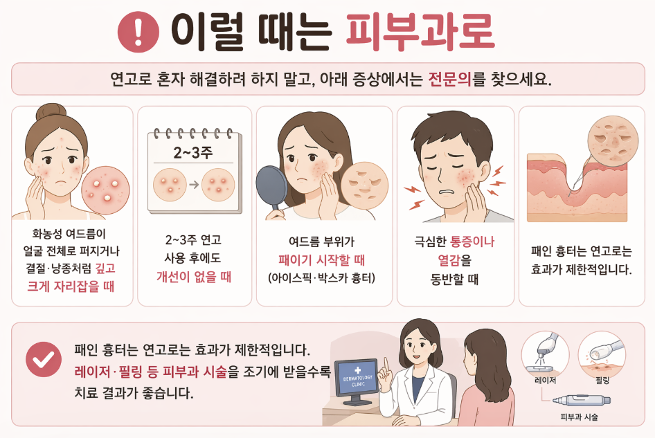 여드름 피부과 방문 기준 인포그래픽으로 화농성 여드름 악화, 연고 사용 후 개선 없음, 패인 흉터, 심한 통증 동반 시 병원 치료가 필요한 상황을 정리한 이미지