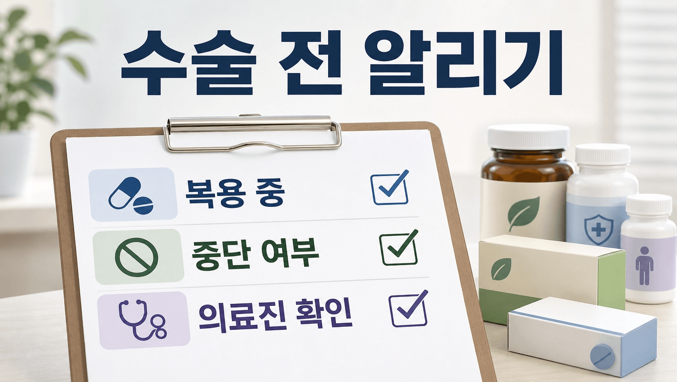 수술 시술 예정 전 영양제 복용 여부를 의료진에게 알리는 체크 이미지