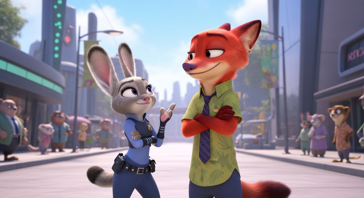 주토피아2의 주디 홉스와 닉 와일드가 자신감 넘치는 모습으로 나란히 서서 서로를 바라보고 있습니다. 둘의 굳건한 파트너십과 주토피아의 발전된 도시 풍경이 인상적입니다.