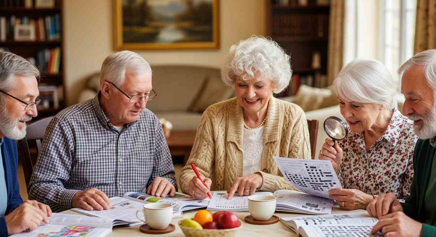 종이 퍼즐이나 책을 보며 틀린 그림 찾기를 하는 시니어 모습
