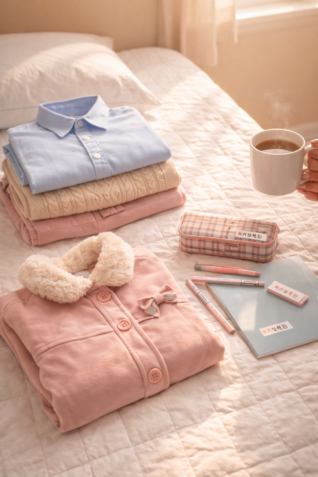 초등학교 입학 준비를 마친 아이 방 전경. 침대 위에 단정하게 개어놓은 새 옷과 가방, 네임 스티커가 붙은 연필들이 햇살 아래 놓여 있다. 그 옆으로 엄마가 따뜻한 김이 나는 차 한 잔을 쥔 손이 살짝 보인다.