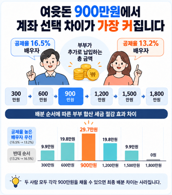 맞벌이 연금저축 세액공제에서 부부 여윳돈이 300만원에서 1800만원으로 늘어날 때 배우자 배분에 따른 절세 차이가 변하는 이미지