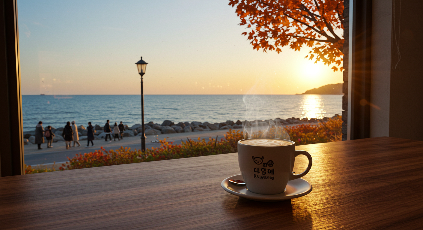 강릉 바다를 배경으로 한 커피 한 잔