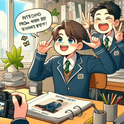 두 학생이 카메라 앞에서 웃으며 포즈를 취하는 모습.