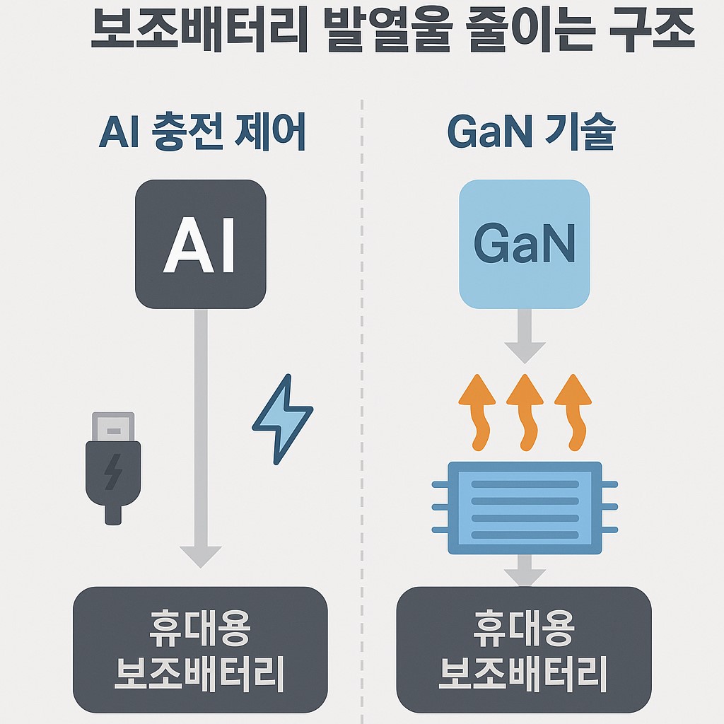 AI 충전 제어와 GaN 기술이 보조배터리 발열을 줄이는 구조 인포그래픽