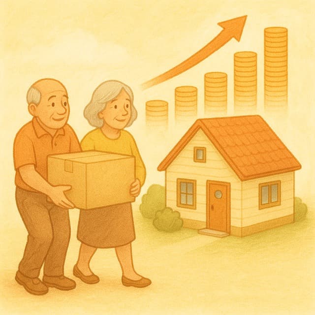 고령 부부가 작은 집으로 이사하며 월 현금흐름이 늘어나는 장면을 상징적으로 표현한 이미지