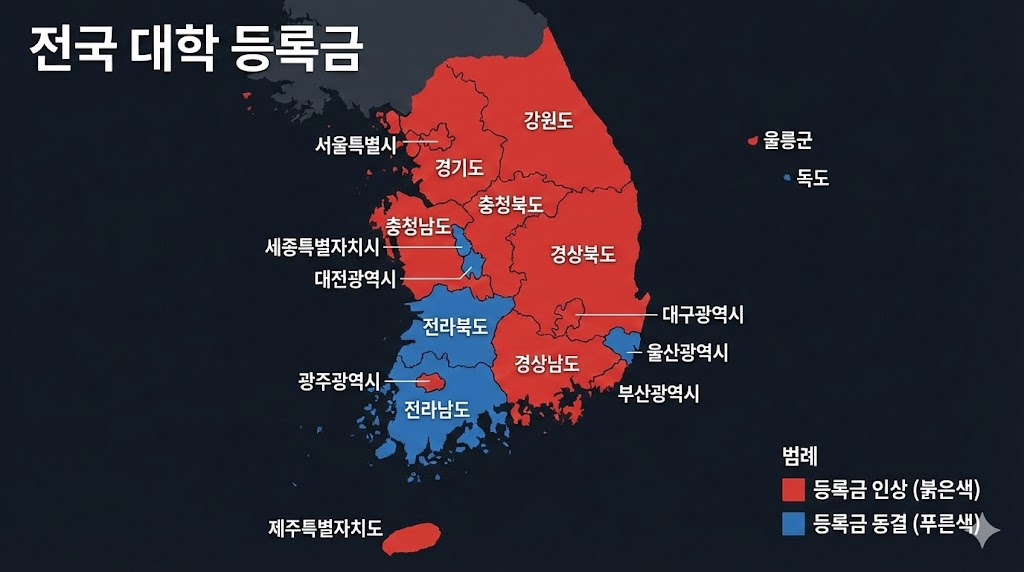 전국 대학 등록금 인상 및 동결 지역별 분포를 나타내는 지도 시각화