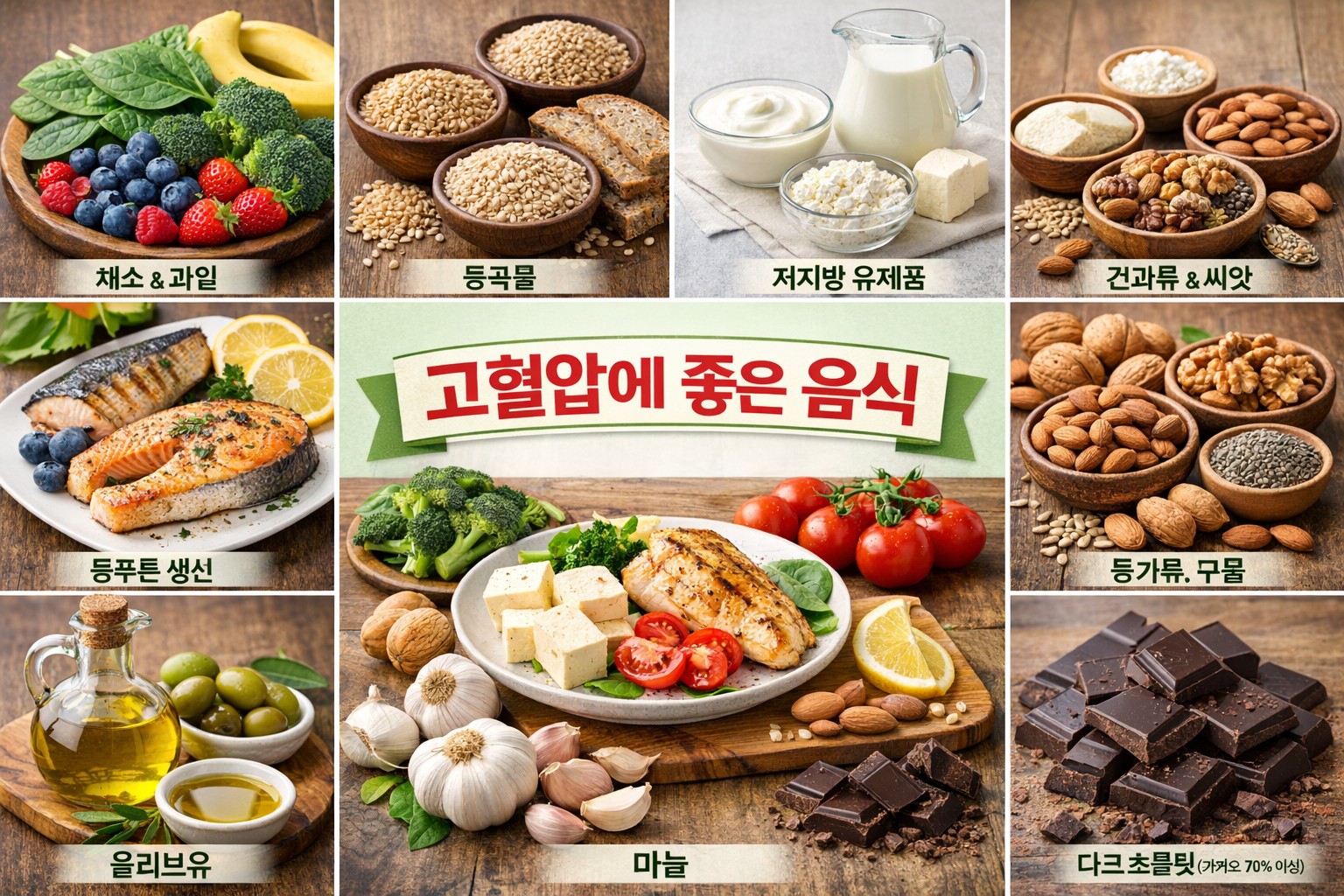 고혈압에 좋은 음식 10가지를 보여주는 이미지: 채소, 과일, 통곡물, 저지방 유제품, 생선, 견과류, 올리브유, 마늘, 다크 초콜릿 등