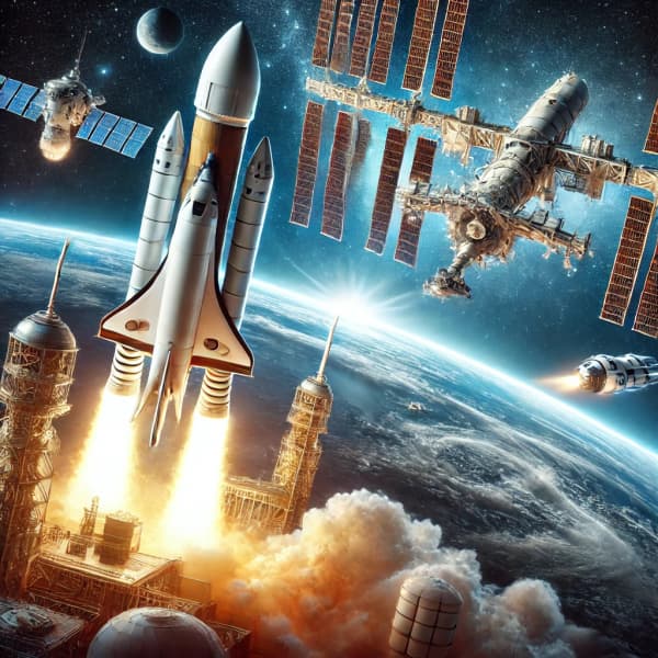 민간 우주선 발사 장면, 우주 정거장, 우주를 배경으로 한 여행 이미지