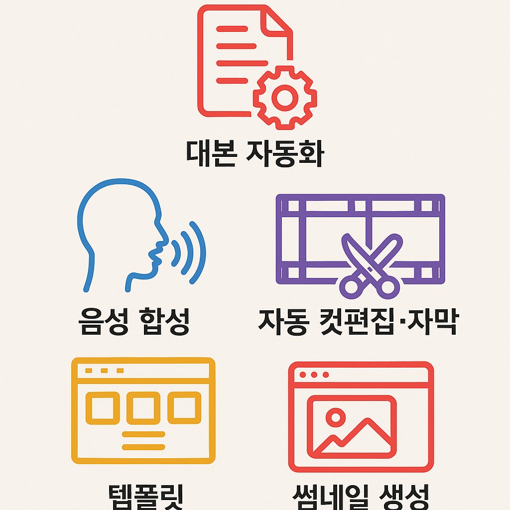 AI 영상 제작 툴 사례 인포그래픽: 대본 자동화, 음성 합성, 자동 컷편집·자막, 템플릿, 썸네일 생성