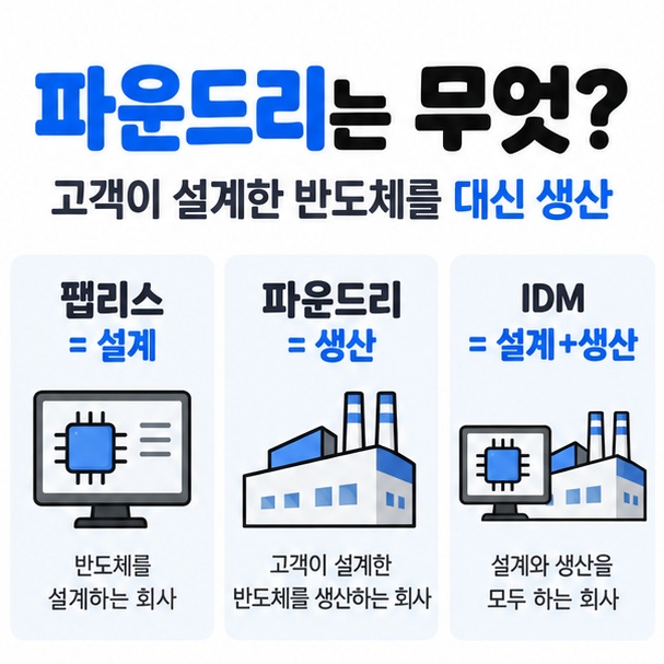팹리스 파운드리 IDM의 역할 차이를 간단한 표와 아이콘으로 비교한 이미지