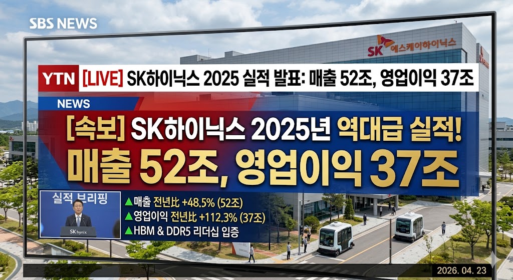 SK하이닉스 본사 전경과 '매출 52조, 영업이익 37조'라는 숫자가 크게 적힌 뉴스 화면