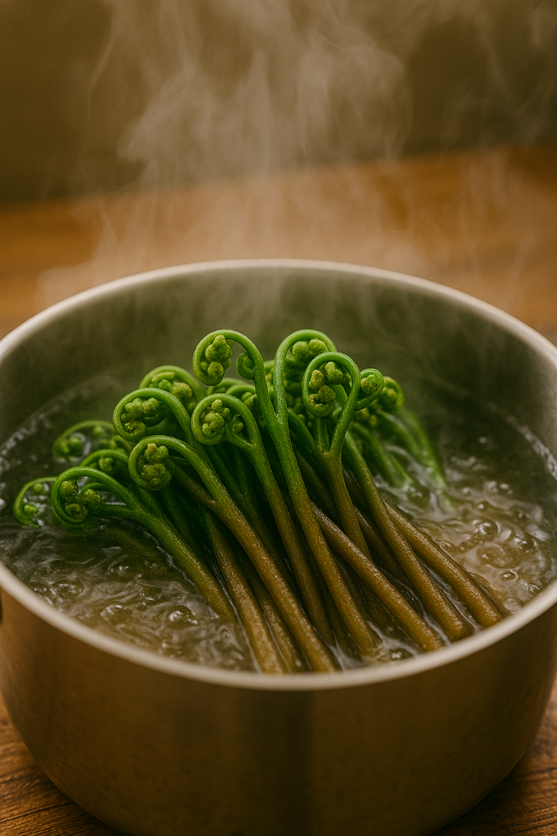 고사리를 끓는 물에 살짝 데치는 과정