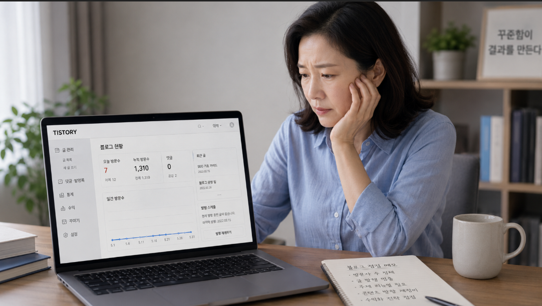 애드센스 승인 후 수익이 나지 않는 티스토리 블로그를 점검하는 장면