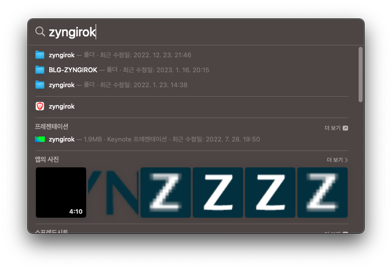 스포트라이트에서 zyngirok을 검색한 결과모습이다.