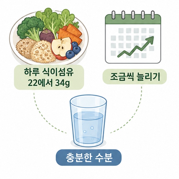 식이섬유를 갑자기 많이 늘리지 않고 충분한 수분과 함께 꾸준히 섭취하는 방법을 보여주는 그림