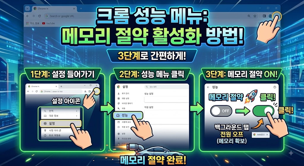 구글 크롬 설정 화면에서 성능 메뉴의 메모리 절약 옵션을 활성화하는 모습