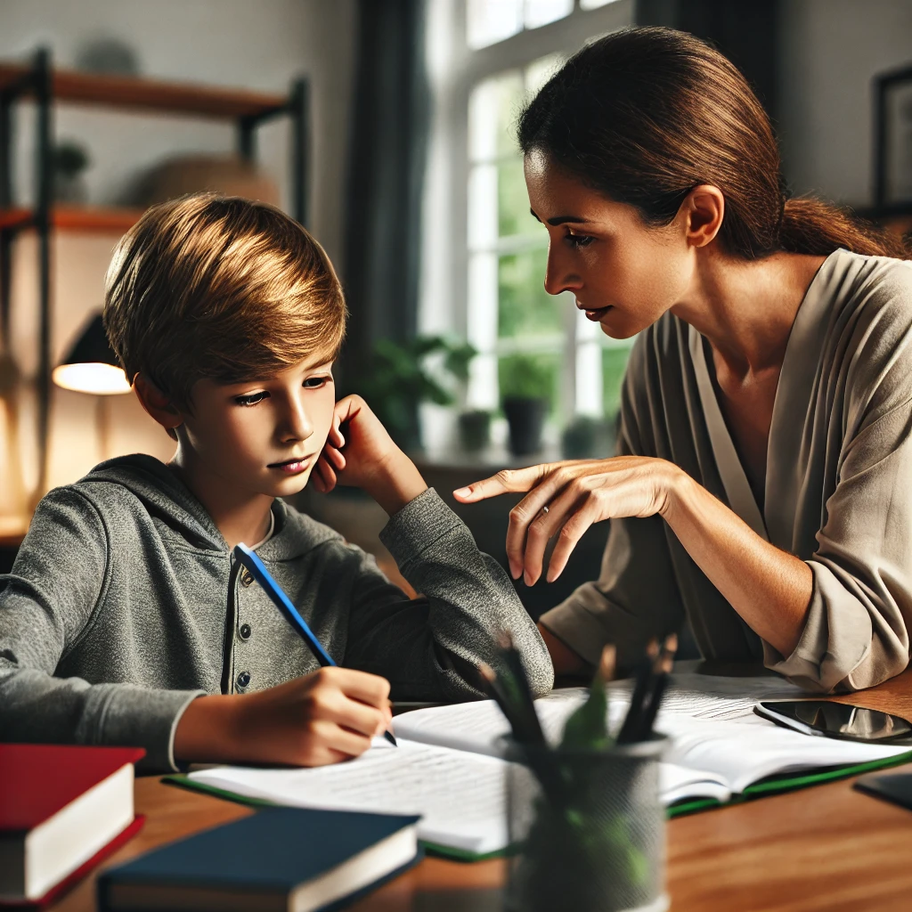 책상에서 아이의 숙제를 도와주는 부모 모습