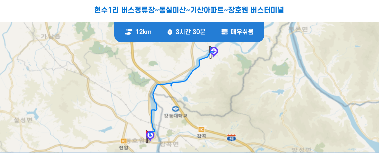 경기둘레길 이천 37코스 지도 현수1리 버스정류장 장호원 버스터미널 구간 등산 트레킹 날씨 정보
