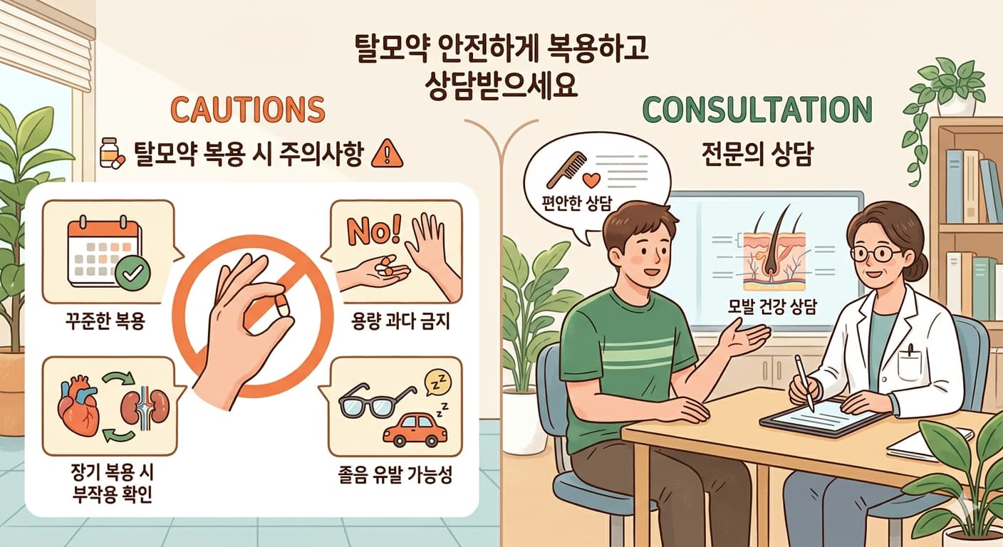 탈모약 안전 복용 주의사항과 전문의 상담 모습을 담은 일러스트