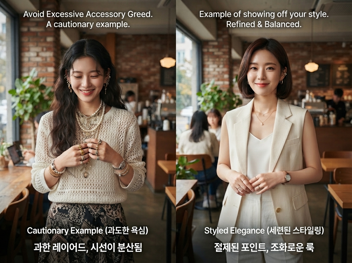 Fashion comparison photo showing an overly accessorized outfit with too many necklaces, bracelets, and earrings layered together, cluttered styling example, neutral background, editorial critique style