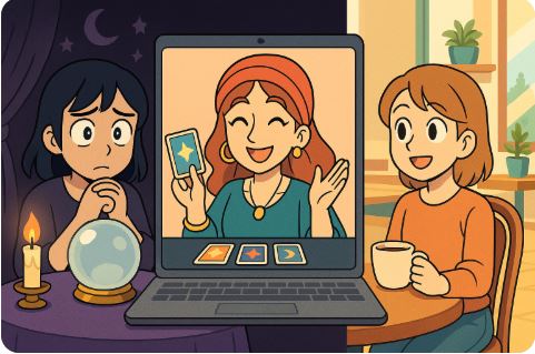 점집, 카페, 온라인 타로 리딩이 동시에 펼쳐진 장면
Tarot, cafe, and online reading in one animated scene