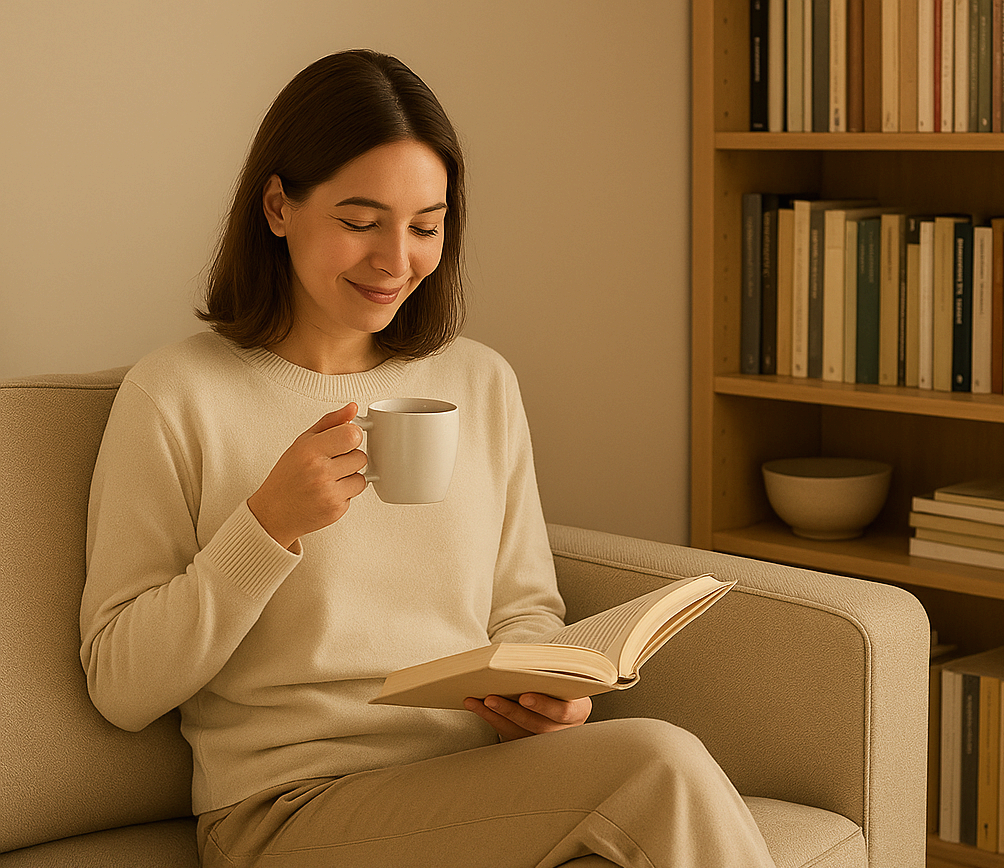 정리된 거실에서 편안하게 독서하는 모습