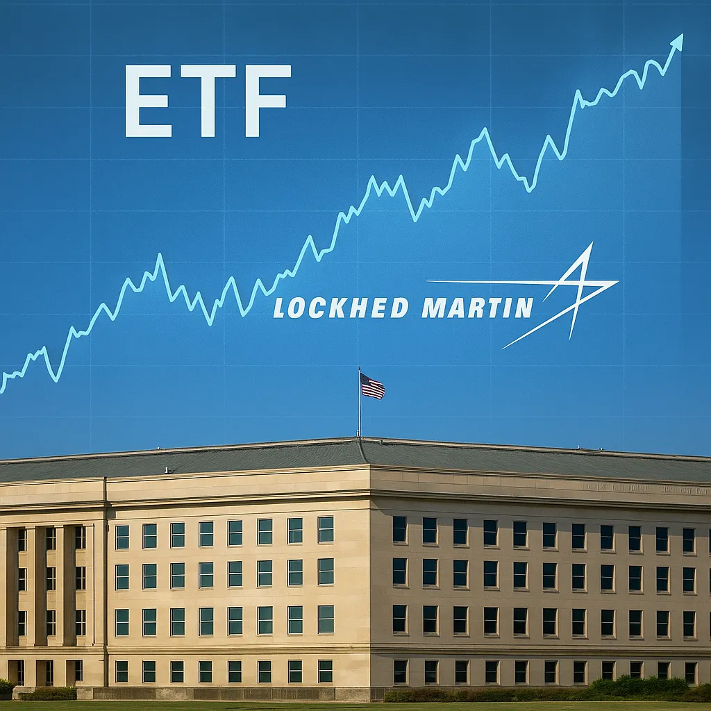 미국 국방부 건물 위에 록히드마틴 로고와 ETF 그래프가 떠 있는 장면
