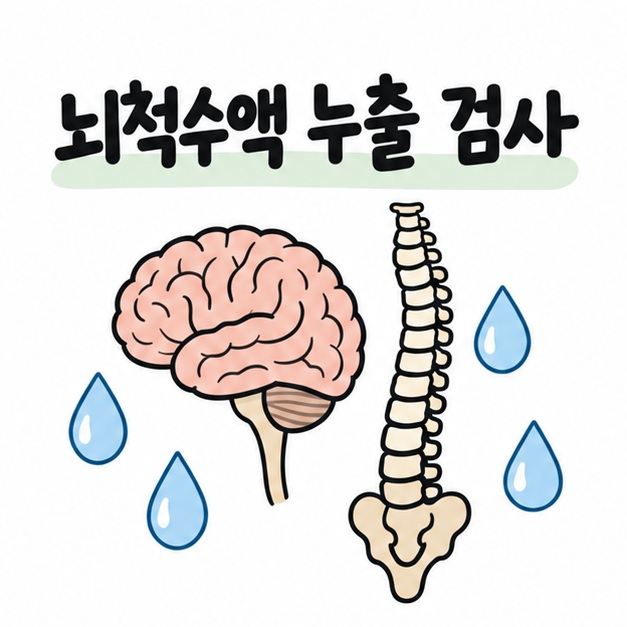 뇌와 척추, 물방울 아이콘과 함께 뇌척수액 누출 검사라는 제목을 보여주는 대표 썸네일