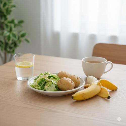 식탁 위에 양배추 샐러드, 찐 감자, 바나나가 정갈하게 놓여 있는 건강한 위 관리 식단 이미지.