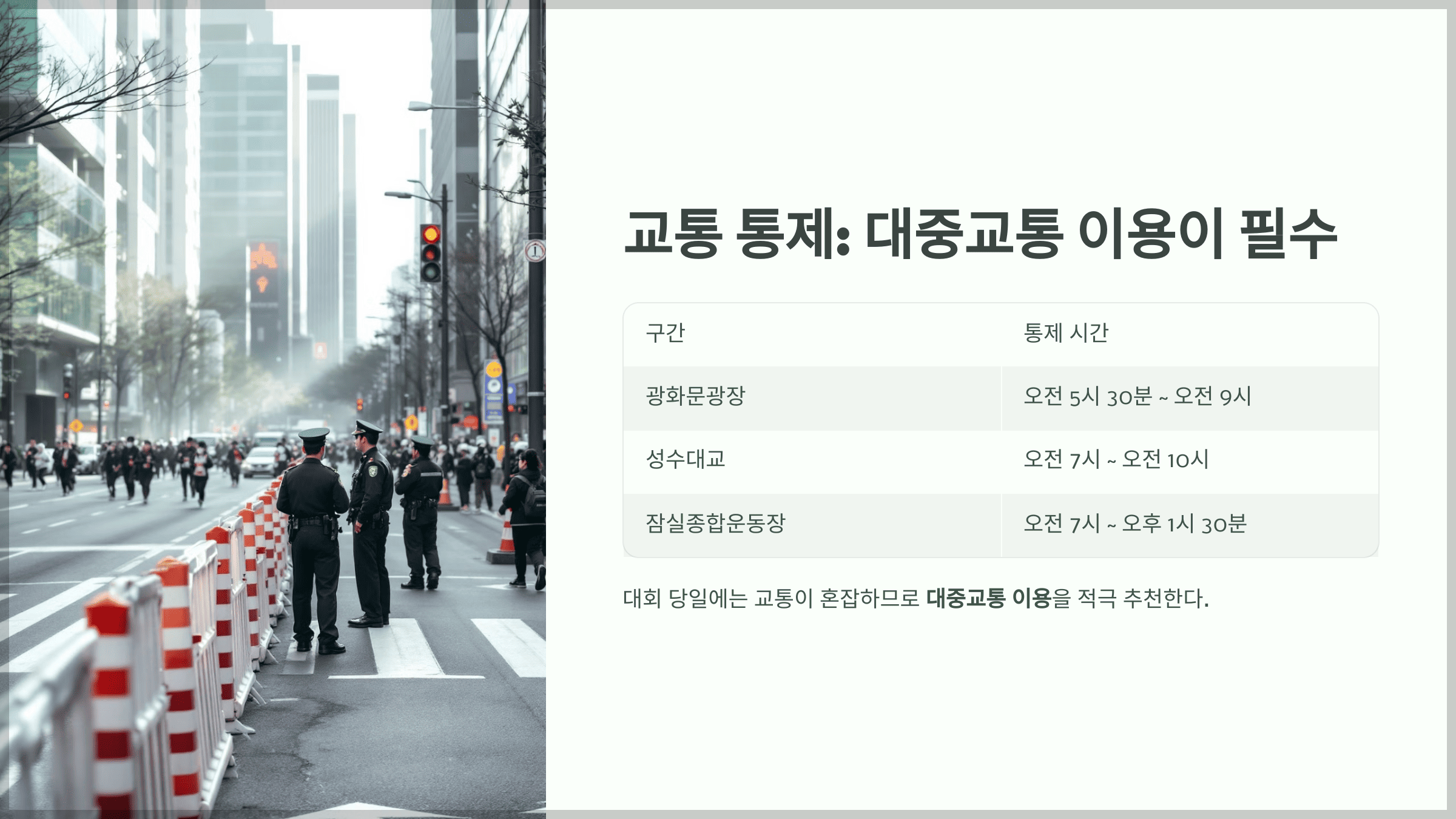 교통 통제: 대중교통 이용이 필수