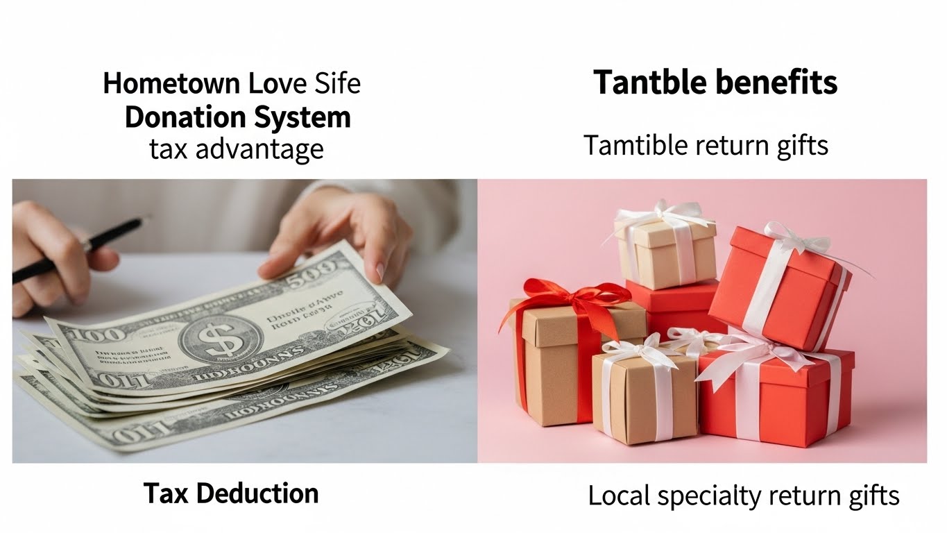 세액공제를 받는 모습과 지역 특산물 답례품이 가득한 이미지가 나란히 배치되어, 고향사랑기부제의 두 가지 주요 혜택을 시각적으로 보여줌.