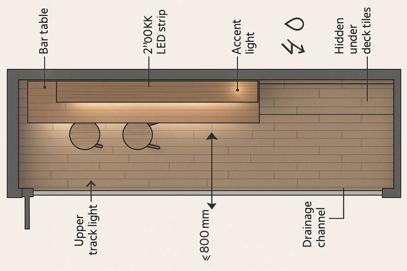 복도형 베란다 평면도; 난간 쪽 바테이블과 스툴 2개, 왼쪽 보행 폭 약 800mm, 상부 트랙&middot;하부 LED 스트립&middot;포인트 조명 위치가 한눈에 보이는 스케치,