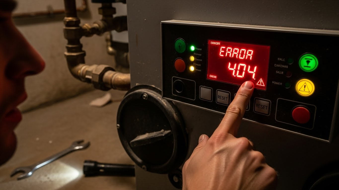 실내 온도 조절기에 표시된 보일러 에러코드와 이를 확인하는 사용자의 모습