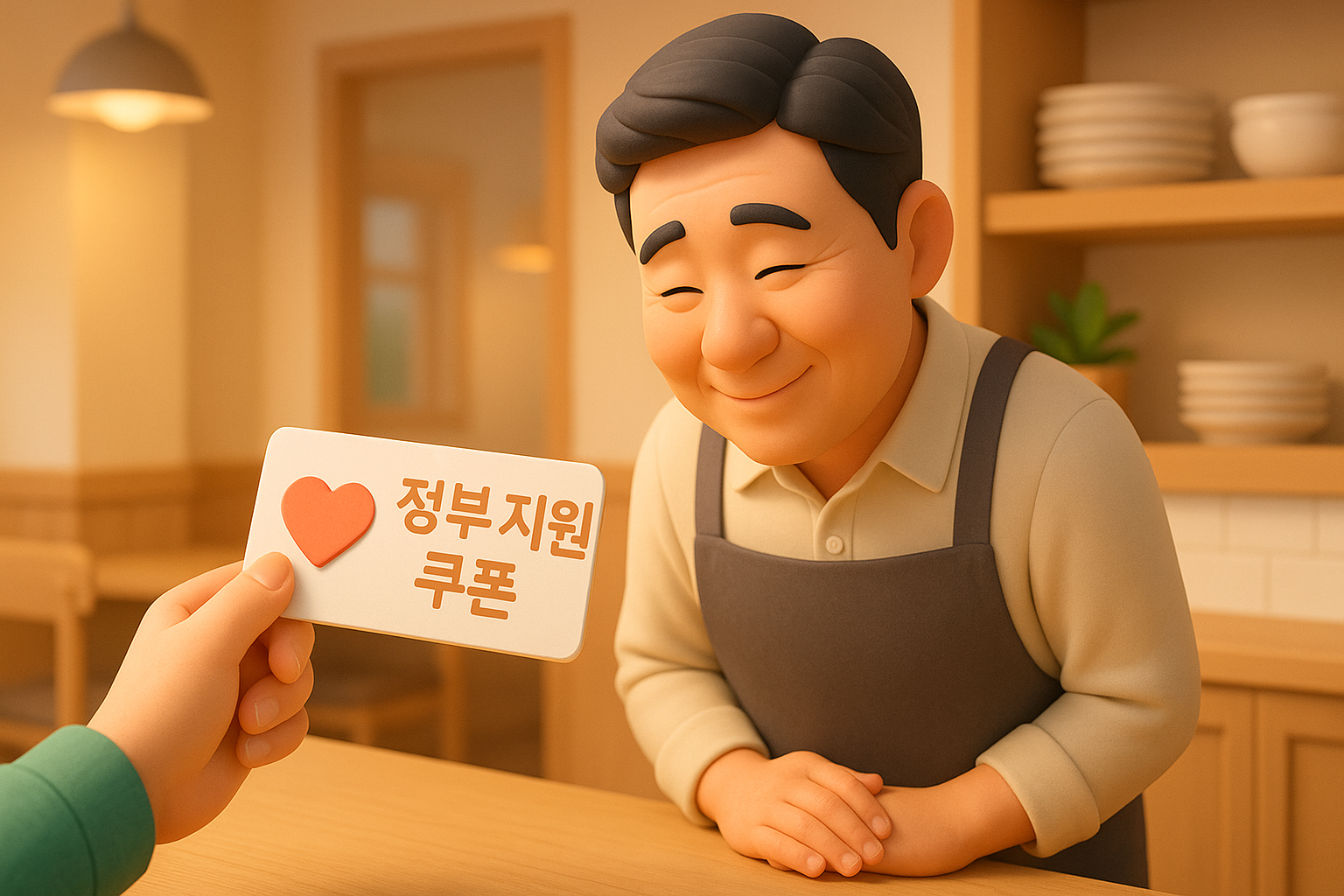 친절한 사장님이 민생회복 소비쿠폰을 든 손님을 미소로 맞이하는 모습