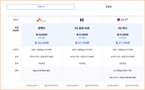 이통3사 요금제 비교