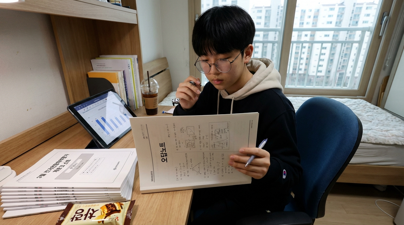3월 모의고사 고난도 문항을 분석하며 오답 노트를 정리하는 수험생의 모습