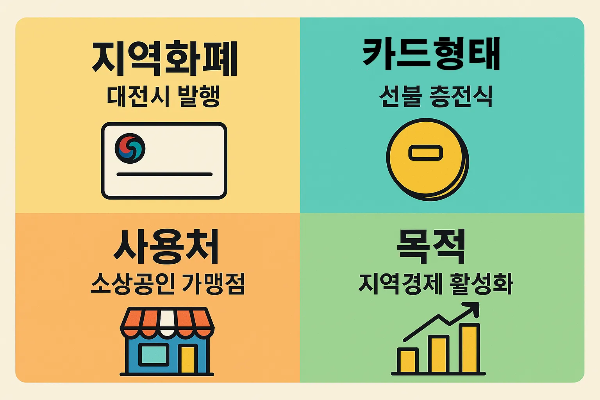 대전사랑카드 지역화폐 특징, 선불 충전식 카드 형태, 소상공인 가맹점 사용처, 지역경제 활성화를 위한 목적을 설명한 인포그래픽