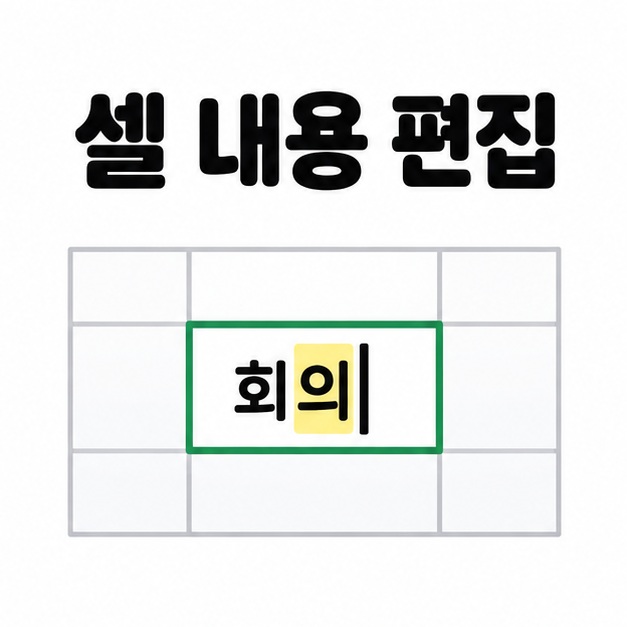 셀 내용 편집이라는 제목 아래 회의라는 글자의 일부가 노란색으로 강조되고 끝에 입력 커서가 있는 셀