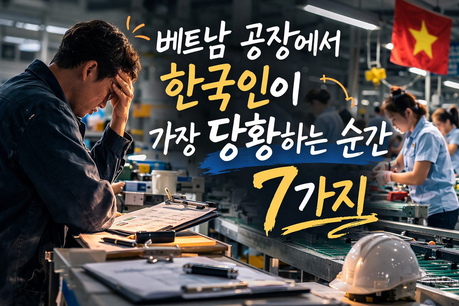 베트남 공장에서 당황한 표정의 한국 관리자와 작업 중인 직원들