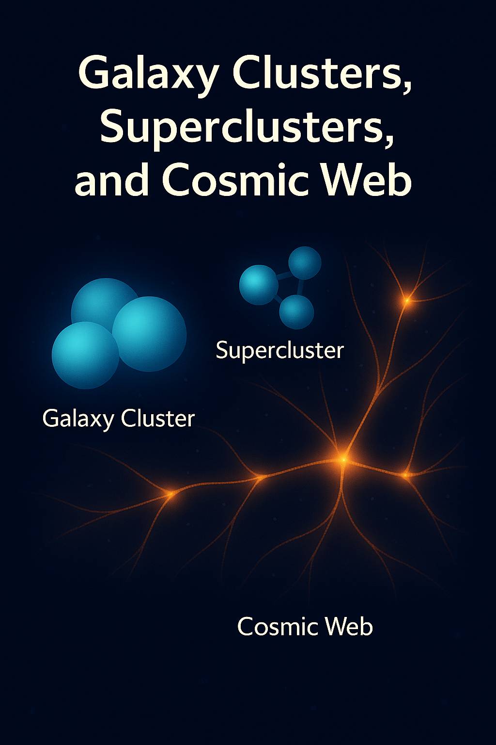 우주 공간 속에서 여러 은하가 중력으로 모여 형성된 은하단의 구조와 상호작용을 보여주는 이미지